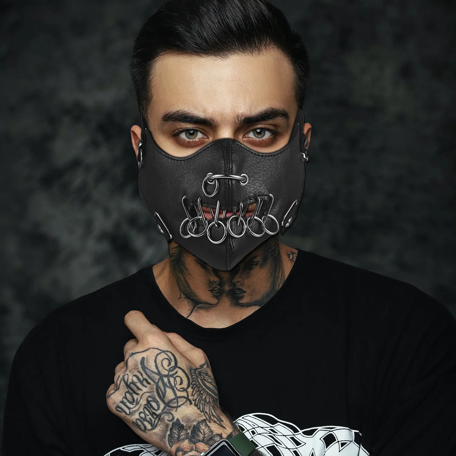 OIDEA Adult Ring-Accent Hollow-Vent Synthetic Leather Half-Face Mask, Punk Breathable Biker Riding Accessory, Cosplay Party Festive Gift, Accessories