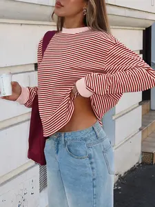 This Striped Contrast Trim Top is City Girl Vibe Oversized Cropped Long Sleeve Shirt, Casual Womenswear