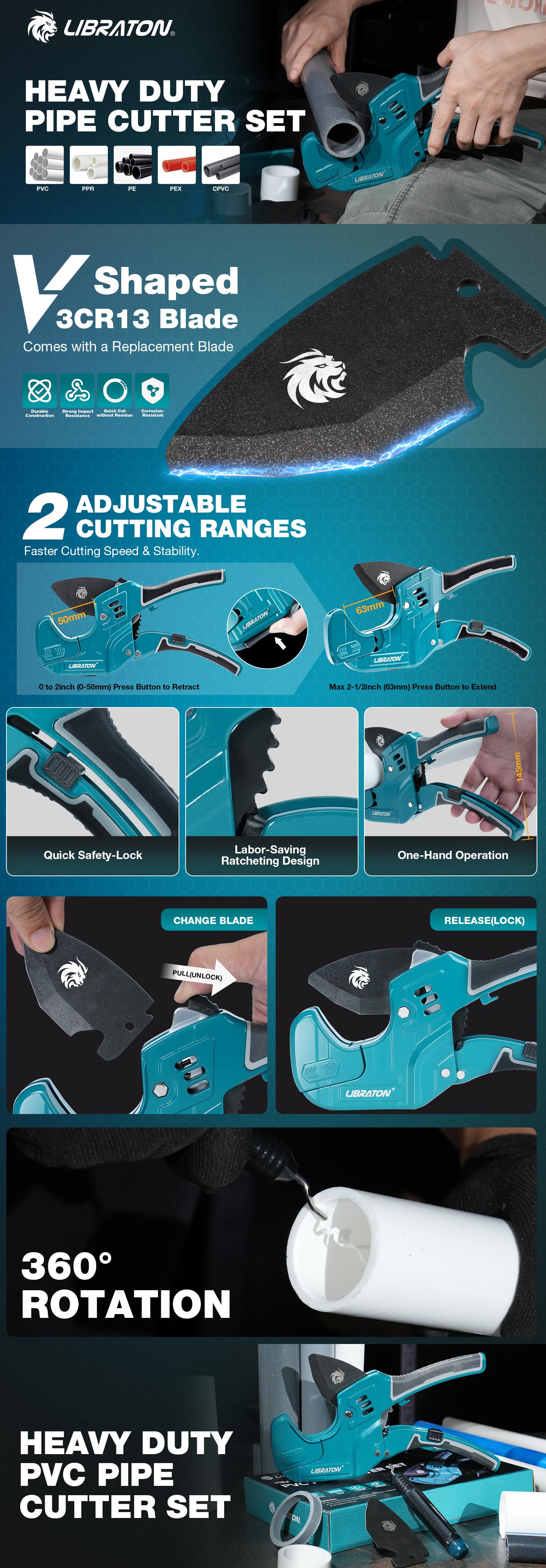 LIBRATON Ratcheting Tubing Cutter – Heavy-Duty Pipe Cutter for PVC, PEX, PPR, CPVC Plastic Hoses & Plumbing, 2-1/2" Max Cut, 2 Adjustable Cutting Ranges, Deburring Tool & Replacement Blade