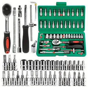 46-piece set 1/4 inch drive socket ratchet wrench set, S2 position CR-V socket metric and extension rod, suitable for automotive repair and household comprehensive tool kit, easy to organize