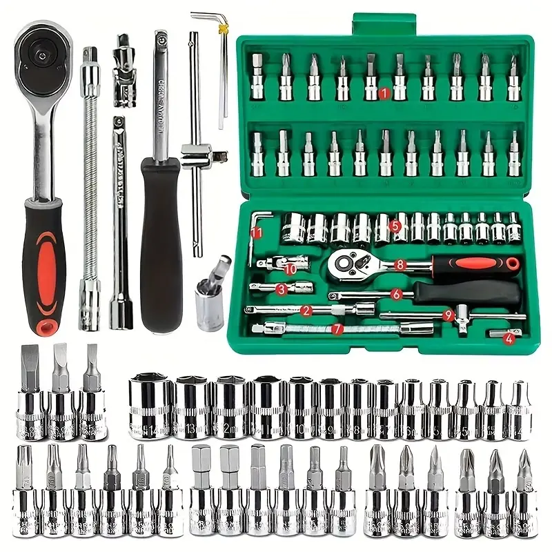 46-piece set 1/4 inch drive socket ratchet wrench set, S2 position CR-V socket metric and extension rod, suitable for automotive repair and household comprehensive tool kit, easy to organize