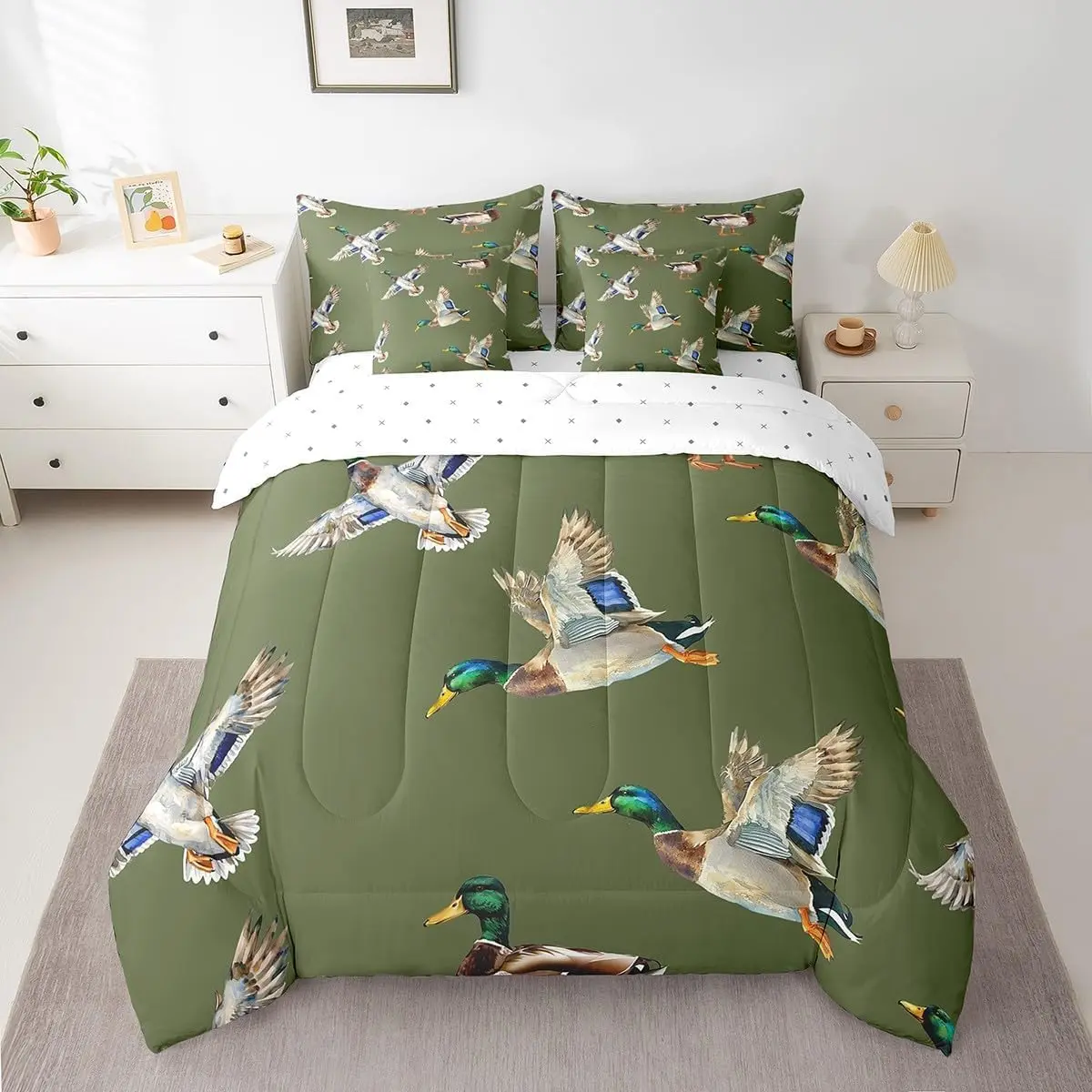 Cute Mallard Duck Comforter Set 7 Pieces Camo Duck Hunting Bed in a Bag Hunting and Fishing 3D Wild Animal Bedding Set Green Bed Set with Comforter,Sheet Set,Pillowcases