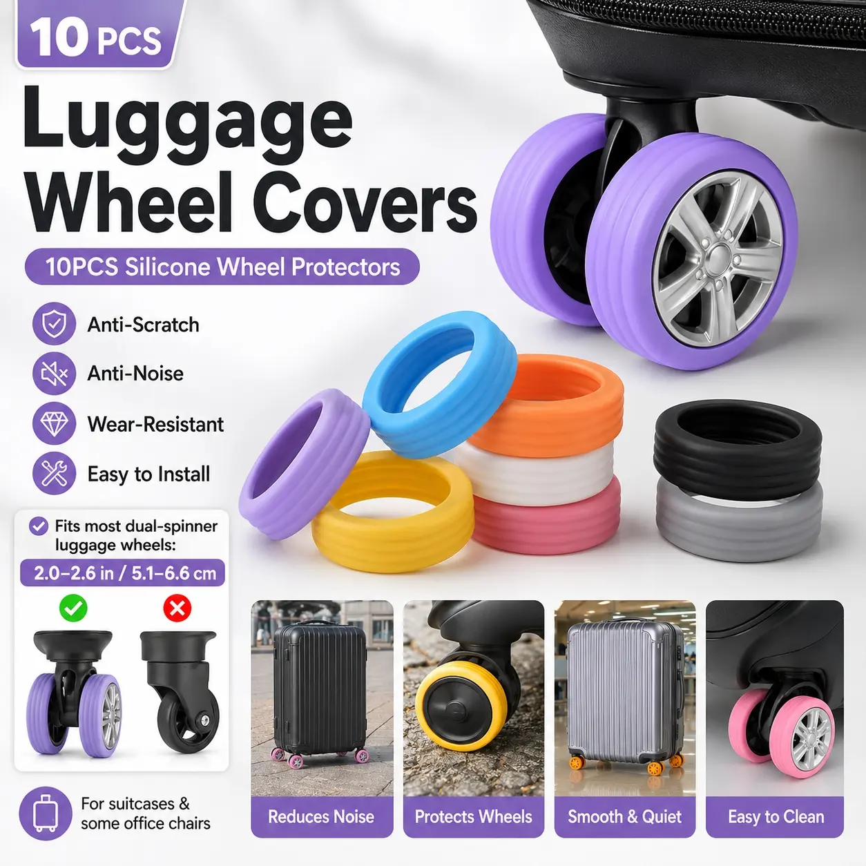 10PCS Silicone Luggage Wheel Covers for Suitcase, Portable Travel Accessories, Protective Covers, Universal Anti-Scratch Anti-Noise, Wear Resistant Non-Slip Wheel Covers for 2-2.6in Wheels, Fits Carry On Suitcase Backpack Office Chair