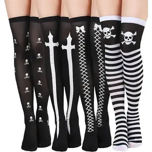 Halloween Thigh High Stockings 4 Pairs Skull Print Sword Lace-Up Striped Over Knee Cosplay Socks for Costume Parties Festive Wear Womenswear - Love