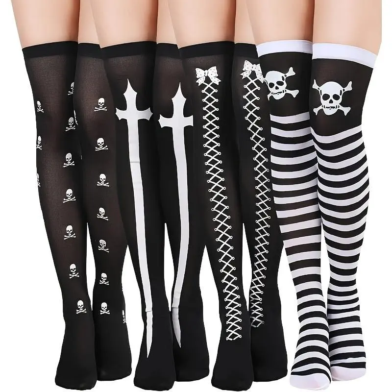 Women's 4-Pair Halloween Lady Thigh-High Socks Set - Skull Print, Sword Lace-Up Detail, Striped Design, Character-Based Cosplay Costume Socks for Party & Festival Wear, Character-Based Knee-High Socks