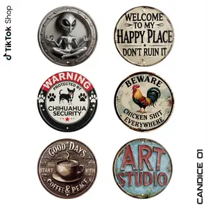 Welcome to My Happy Place Metal Sign, Round Front Door Welcome Plaque 8x8 Inch, Farmhouse Home Decor for Entryway, Office, Kitchen, Bedroom or Bar, ,Perfect gift for Mother’s Day