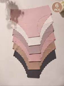 6 Pcs Seamless Women's Underwear Set, Breathable Quick-Dry Nylon Blend, Wave Edge Design, Comfort Elasticity, Ideal for Yoga Fitness Dance