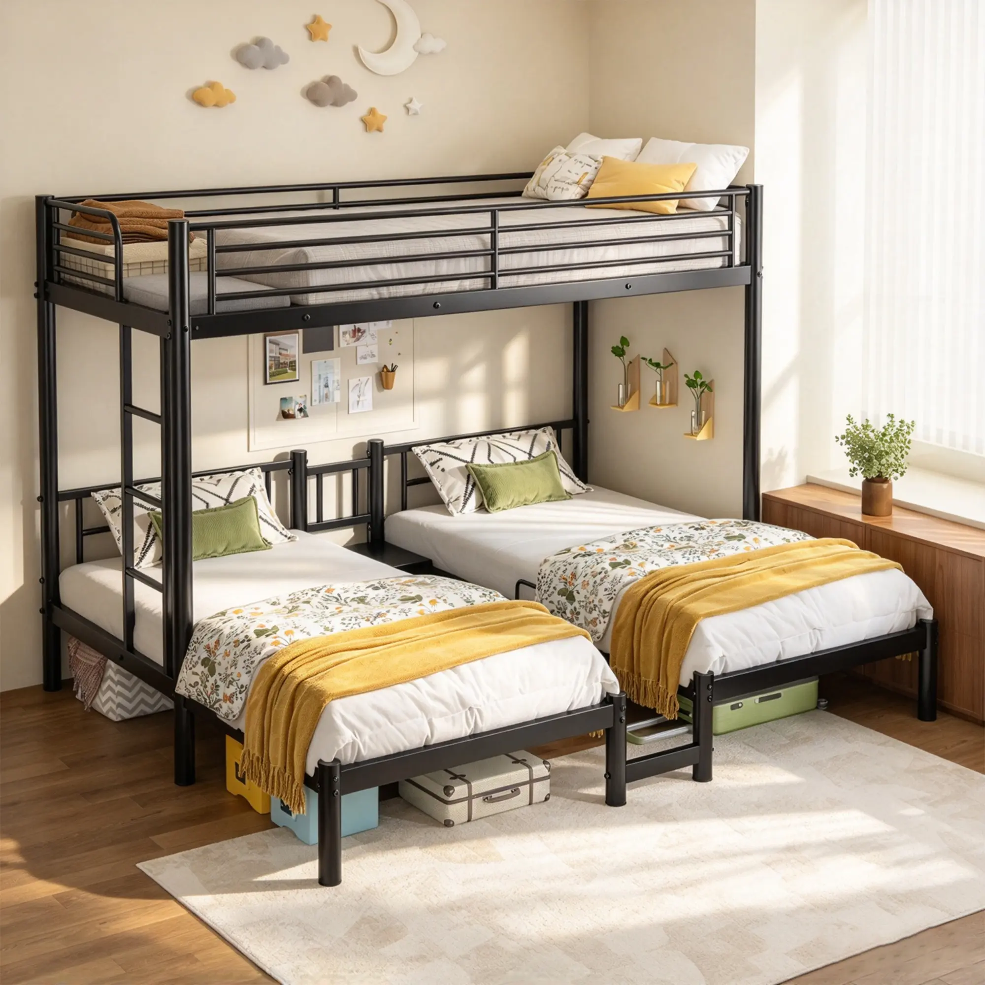 3-in-1 Metal Bunk Bed Frame | Twin Over 2 Twin Heavy-duty steel with guardrails & ladder, splits into 3 single frames. Mattress not included. For kids rooms & small spaces.