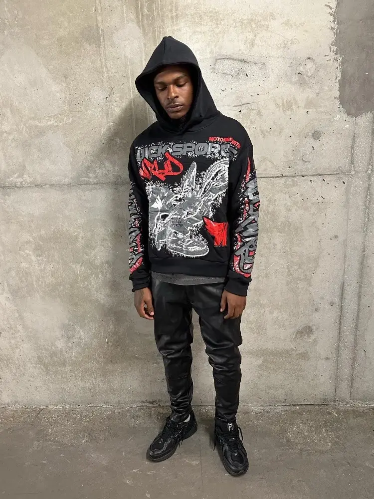 Harajuku retro pullover couple personalized pattern printed hoodie black oversize sweatshirt casual top ins street wear