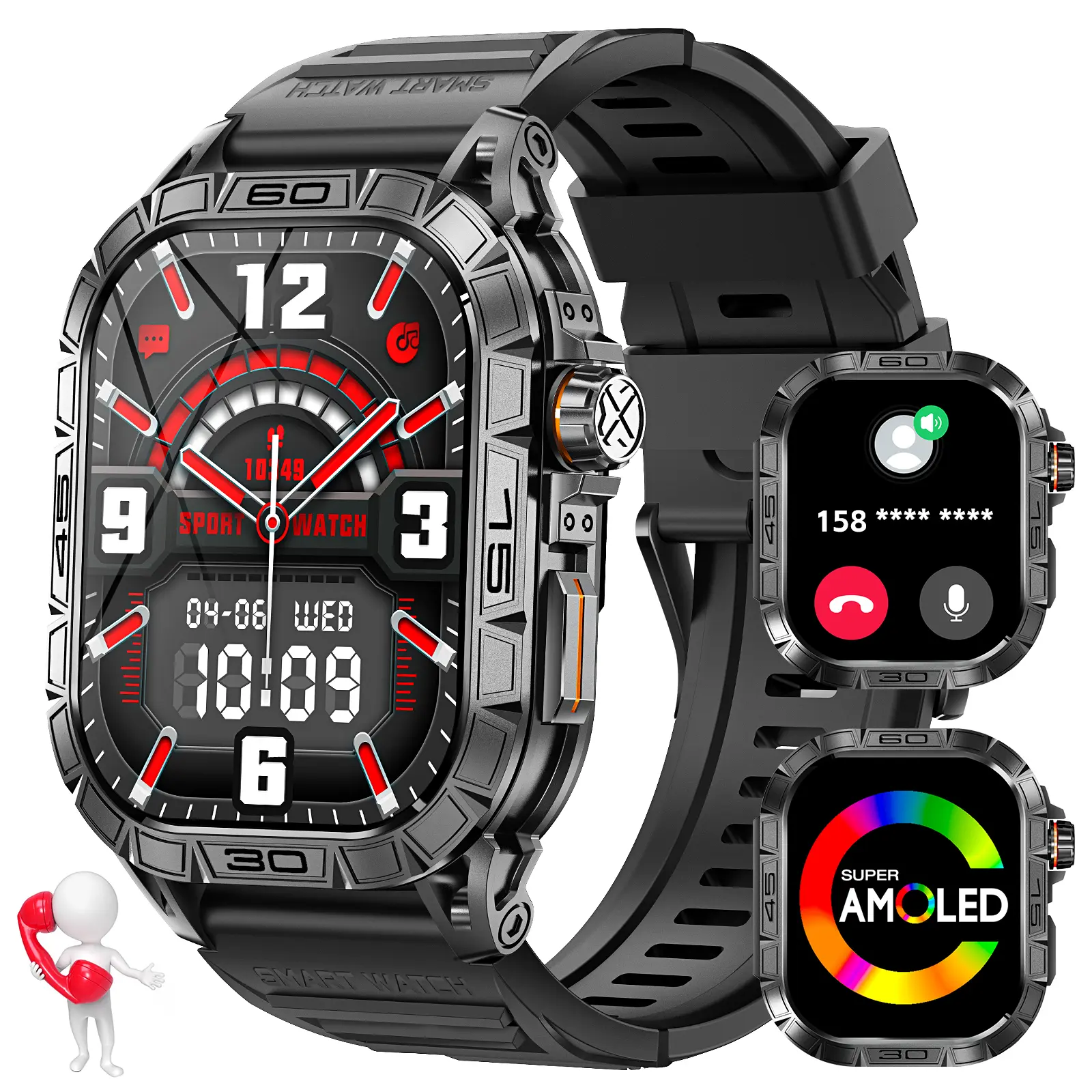 Durable Smart Watch for Men with Compass(Answer/Dial Call) 1.96" AMOLED Always On Display Outdoor Smartwatch for Android iOS Digital Watch Gifts for Men Father’s Day Gifts