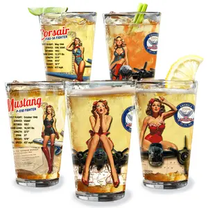 America 250 Pint Glass Set of 5  Patriotic 16oz Beer Glasses | Vintage Pin-Up Barware