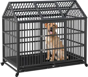 Heavy Duty Dog Crate Large Metal Kennel with Roof Top 2 Door Cage House for Large Small Dogs 52inch Sturdy Secure Design Portable Space Saving