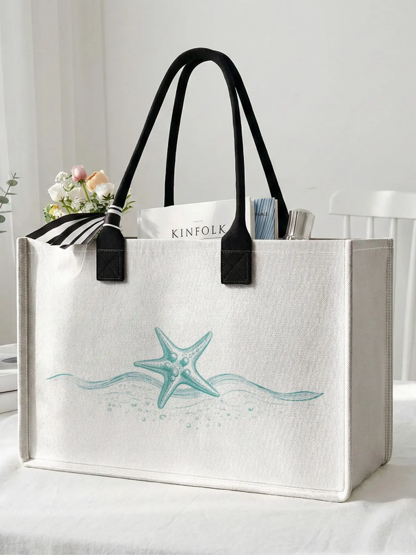 1 piece of starfish pattern 2D printed large capacity storage bag, extra large storage bag, sturdy handle, space-saving multi-purpose, suitable for going to school, traveling, shopping, Summer Bags, Beach Bags, Tote Bag