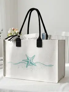 1 piece of starfish pattern 2D printed large capacity storage bag, extra large storage bag, sturdy handle, space-saving multi-purpose, suitable for going to school, traveling, shopping, Beach Bags, Tote Bag