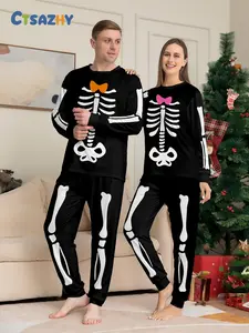 Unisex Couple Style Halloween Pajama Set, Long Sleeve Pants Sleepwear, Digital Print Bone Bow Design, Casual Home Wear for All Seasons