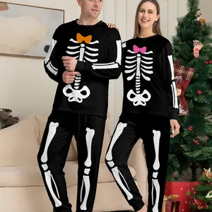 Unisex Couple Style Halloween Pajama Set, Long Sleeve Pants Sleepwear, Digital Print Bone Bow Design, Casual Home Wear for All Seasons