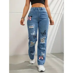 High Waisted Straight Leg Jeans for Women Trendy Butterfly Print Ripped Distressed Denim Pants