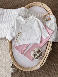 Baby Girl Two-Piece Set, Cute Floral Embroidery Doll Collar Loose Sweatshirt + Soft Long Pants, Spring & Fall, Baby Girl Clothes