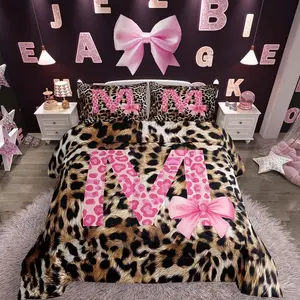 Leopard Print Kids Comforter Set Initial M Bedding Set Bowknot Alphabet Duvet Quilt for Kids Boys Girls Bedroom Cheetah Skin Decor Microfiber Ultra Soft Breathable
