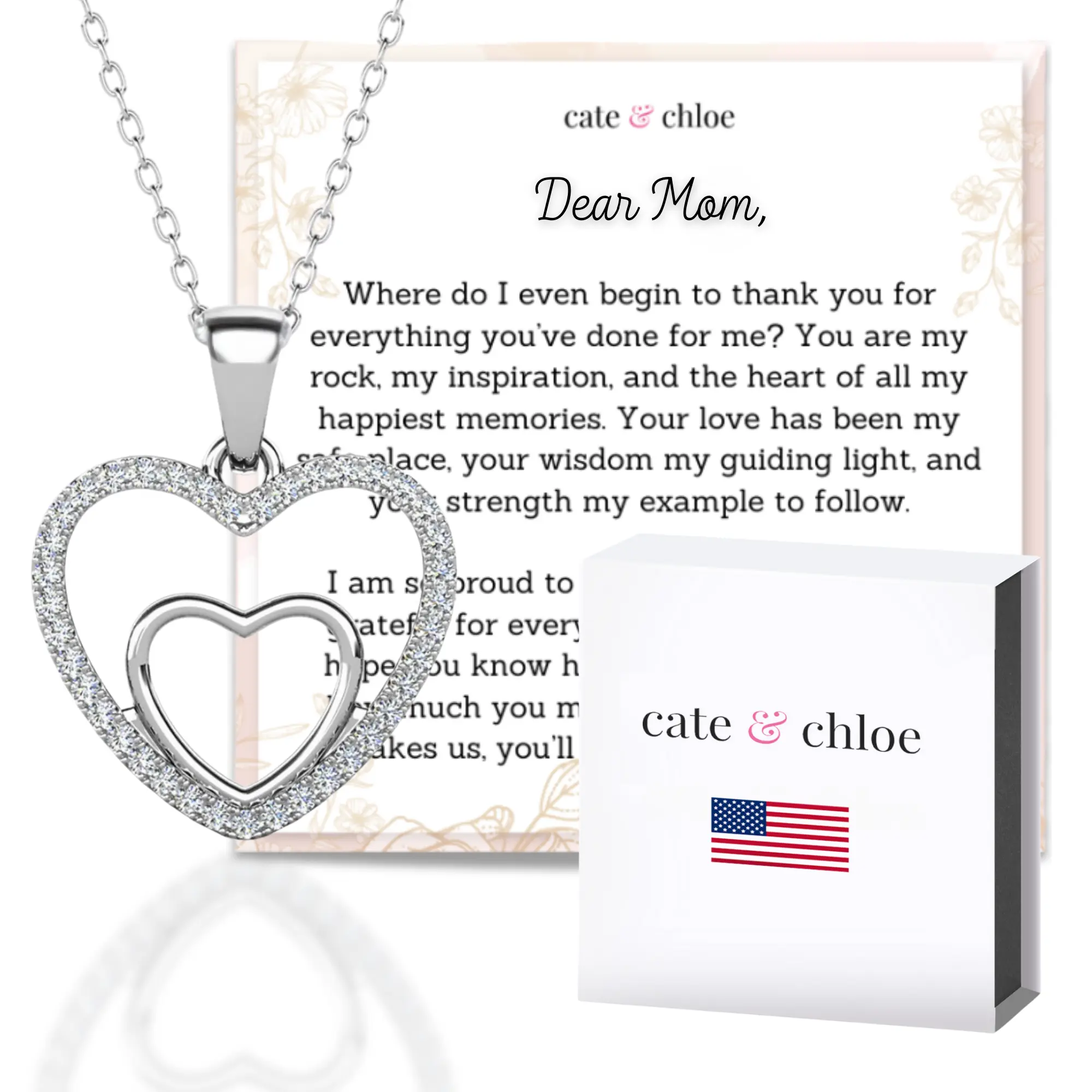 Amorette 18k White Gold Plated Double Heart Pendant Necklace with Simulated Diamond Crystals & Sentimental Message for Mom