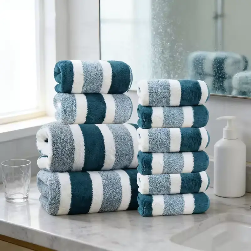 18pcs Luxury Bath Towels Set - Quick-Dry Highly Absorbent Plush Soft Coral Fleece-like Texture, Multi-Size Family Bathroom Towels with Hanging Loops (30x30cm, 70x140cm) for Home, Hotel & Spa - Navy & Striped Design, Durable & Space-Saving Storage