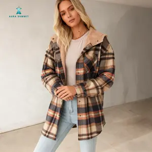 Women's Flannel Hooded Plaid 2025 Shacket Thick Coat Fall and Winter Coat for Warmth Button down Warm and Fuzzy Fleece Jacket Casual mid length checkered jacket for women fleece jacket women cross-border loose cardigan, lapel shirt jacket JT5432014983141