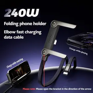 2026 New Type-C Fast Charging Cable with Stand, 240W Multi-Functional Braided Fast Charger Cord, Foldable Phone Holder for Gaming/Office/Car/Travel