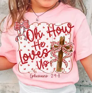 Oh How He Loved Us Valentine Youth/Adult Shirt – Glitter Coquette Jesus John 3:16 Graphic Tee, Pink Christian Valentine Design