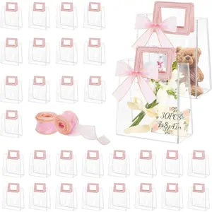 30 transparent gift bags with handles, transparent PVC gift bags with ribbons, reusable plastic shopping bags, durable gift packaging bags suitable for wedding parties, weddings, and birthdays (7x8x4 inches - medium size)