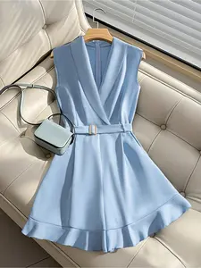 Summer Waist-Cinch Belted Sleeveless V-Neck Solid Jumpsuit, Women's Elegant Feminine Flowy Jumpsuit with Belt, Fashionable Summer