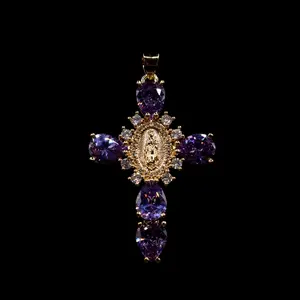 Purple Diamond Virgin Mary Cross Pendant