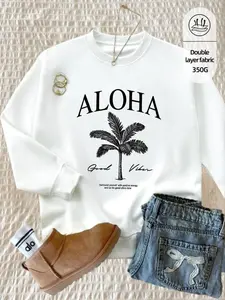 Aloha Letter Print Loose Round Neck Sweatshirt, High-Quality Fabric, Casual Fitted Design, All Seasons Wear, Model Wears 2xl