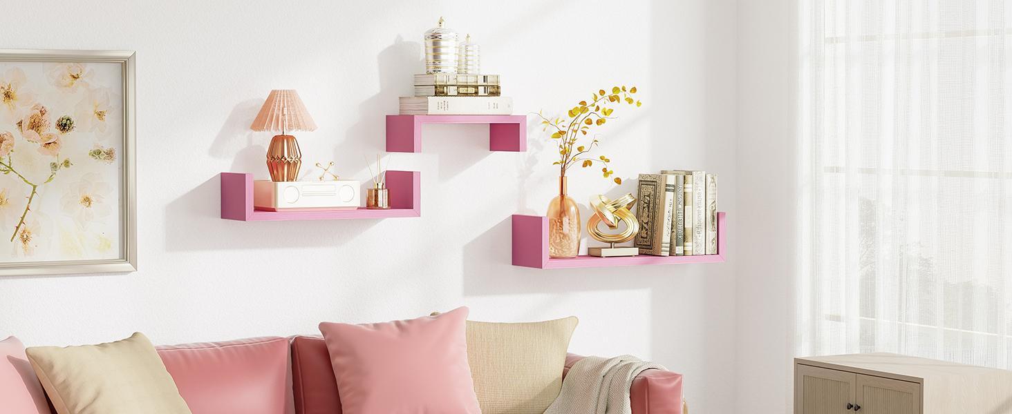 Floating Shelves Wall Mounted, Solid Wood Wall Shelves, Pink
