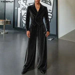 INCERUN Men's Autumn Winter Vintage Luxury Velvet Suit Set Double Breasted Cropped Blazer with High Waist Wide Leg Trousers for Halloween Dinner Party Wedding Celebration Holiday Gathering