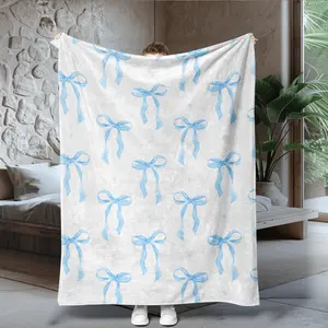 Luxury Blue Bow & Ribbon Print Flannel Blanket - Plush Soft All-Season Bedspread, & Sky Blue Bedding for Bed, Sofa, Travel, Camping - Cozy Gift for &, Room Decor