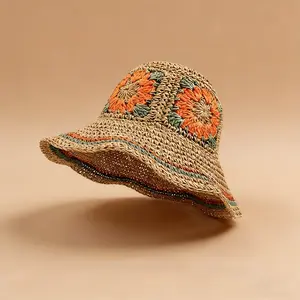Jacquard ethnic-style foldable hand-woven straw hat, stylish sun protection, multi-functional fisherman's hat, suitable for casual outings and beach trips.