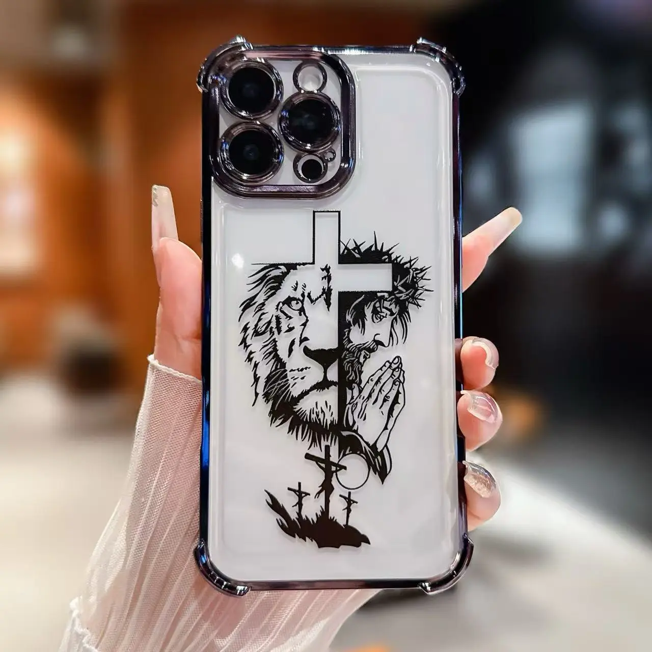 Jesus cross four-corner airbag electroplated shell, suitable for iPhone 11, 12, 13, 14, 15, 16, 17promax, anti-fall tpu material mobile phone case, transparent smartphone case