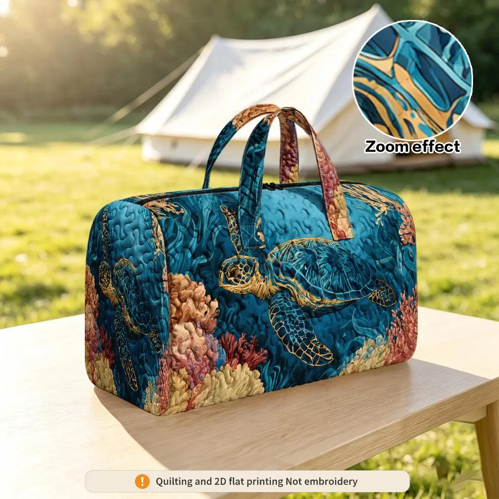 2D Flat Printing 1pc Sea Turtle Among Coral Reef Quilted Handbag, Large Capacity Overnight Short Trip Halloween Thanksgiving Christmas Gift Random Print, 2D Flat