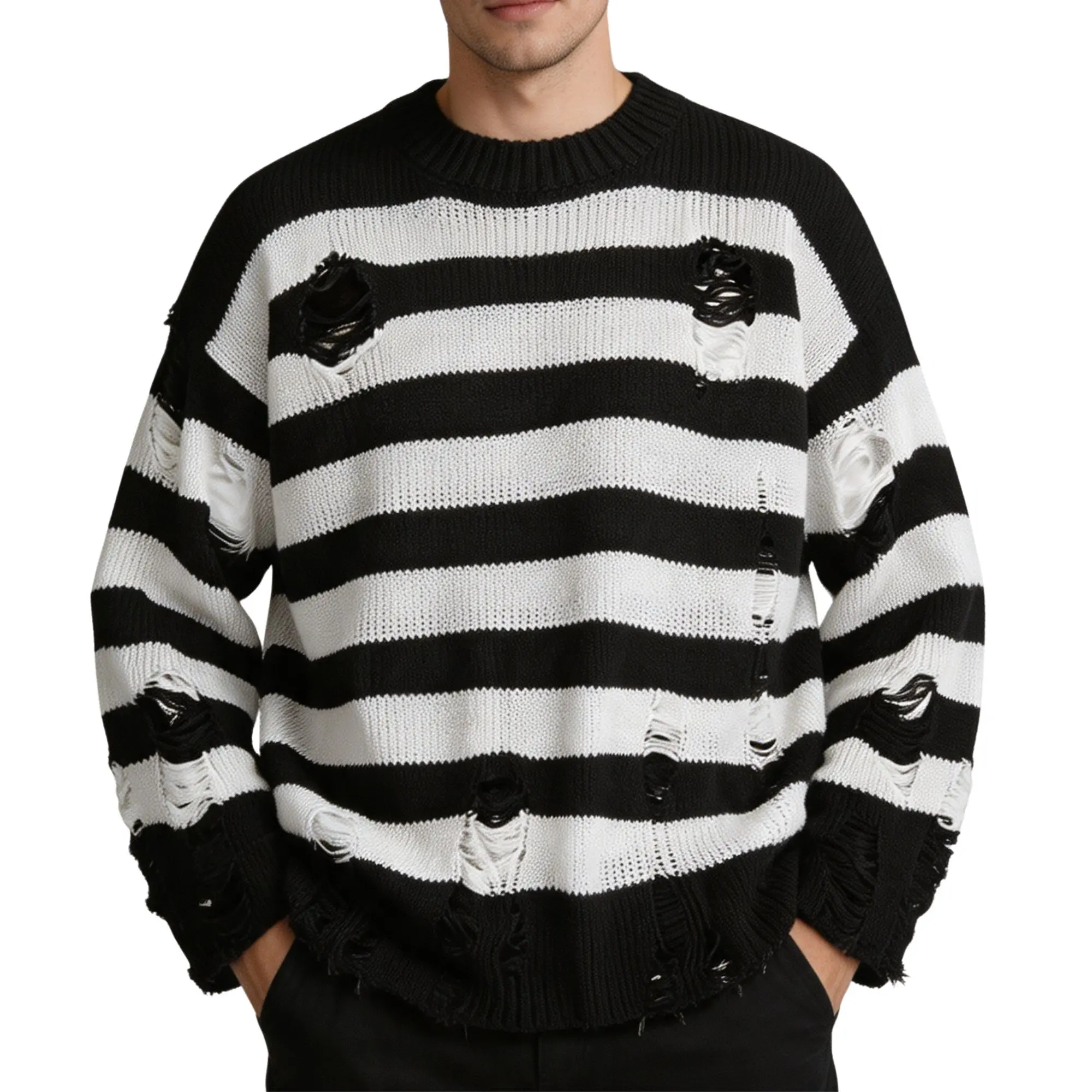 American high-street style distressed sweater, unisex, retro ripped frayed hem crewneck pullover knit top
