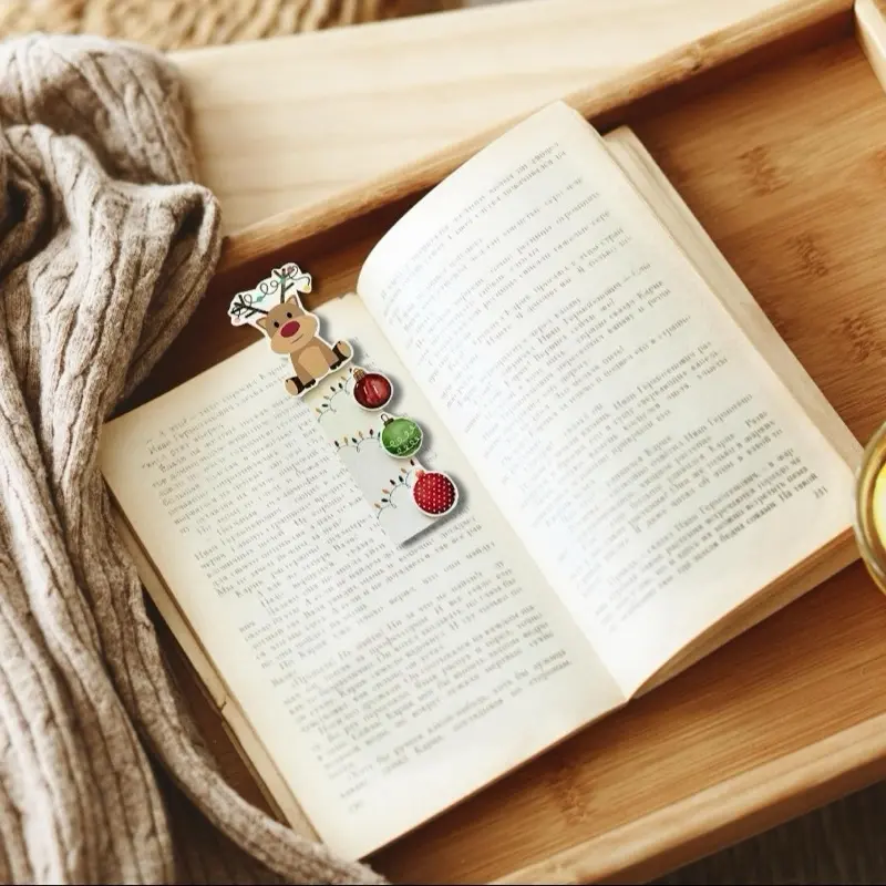 3D Christmas Reindeer Bookmark with Festive Red and Green Bulbs for Holiday Reading Enthusiasts
