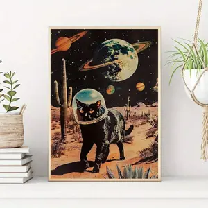 [Vintage Space Astronaut Poster] Vintage Space Astronaut & Black Cat Canvas Art Print, Art Deco Modern Retro Style Animal Theme Poster,  Ink Wall Hanging Decor, For Living Room Decor, Bedroom Decor, Home Office Decor, Bathroom