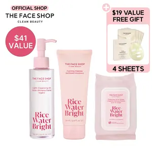 THE FACE SHOP Rice Water Bright Ultimate Makeup Removal Trio - Light Cleansing Oil, Foaming Cleanser, Facial Wipes - Korean Skincare, Hydrating, Moisturizing