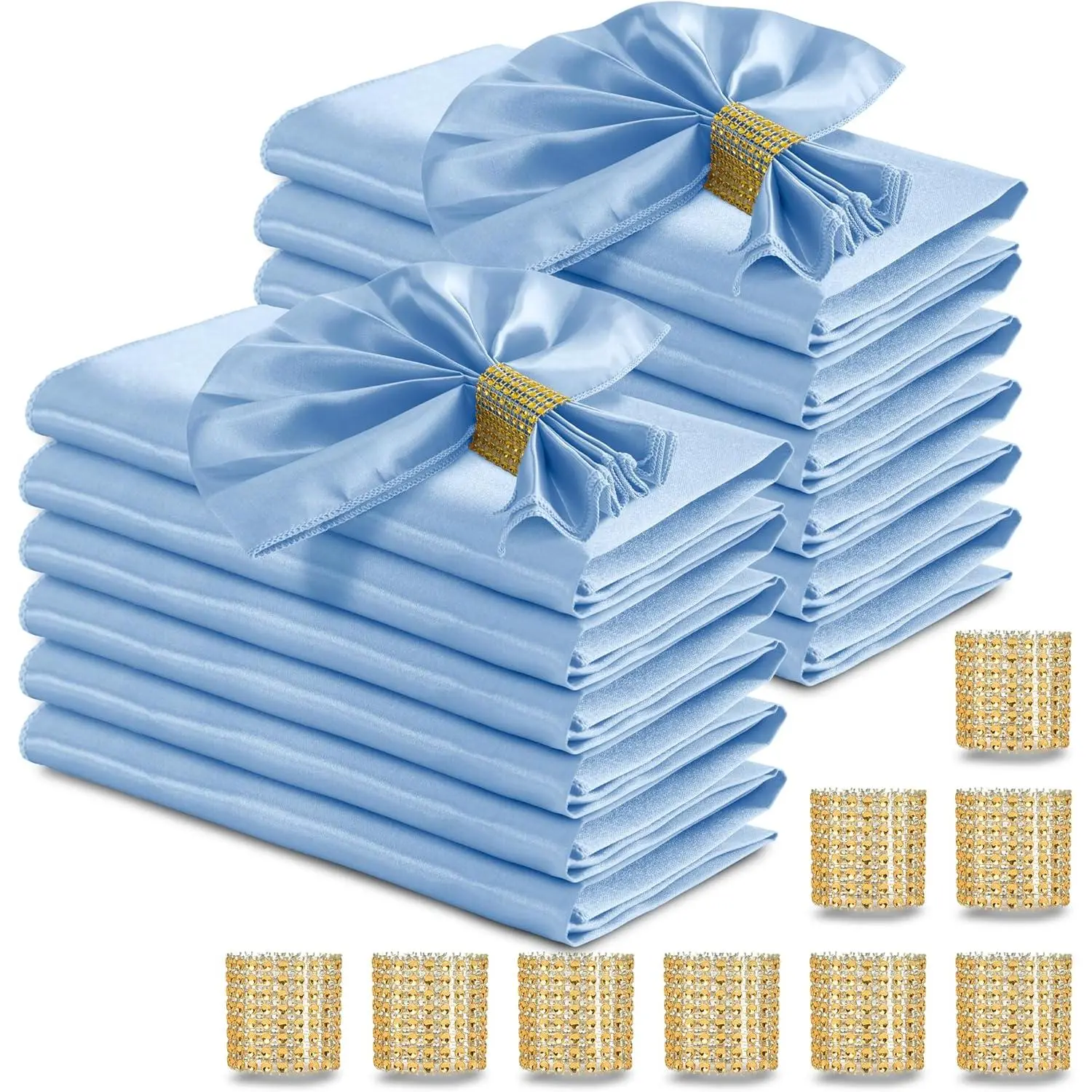 100 count Light Blue Satin Napkins and Napkin Rings Set, 17 x 17 Inch Square Cloth Napkins Set of 50, Silky Soft Table Napkins Bulk for Weddings, Banquet, Parties Dinner Decoration