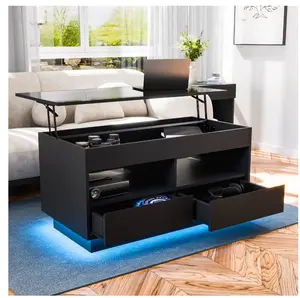 Lift Top Coffee Table with LED Light 4 Tier Modern Center Tables with 2 Storage Drawers Hidden Compartment Open Shelves for Living Dining Room