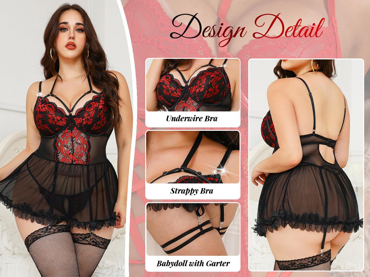 CHALOVELO Plus Size Sexy Lace Ruffle Babydoll Lingerie Set with Stockings for Women