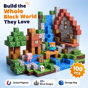 Magnetic Building Cubes 100PCS - STEM Construction Toy, Buildable Brick Buildings, 20+ Detailed Designs (Furnace, Workbench, Chest), 3 Characters, Strong Sealed Magnets, Reusable Drawstring Storage Bag, Gift for Kids 6-8 Years+