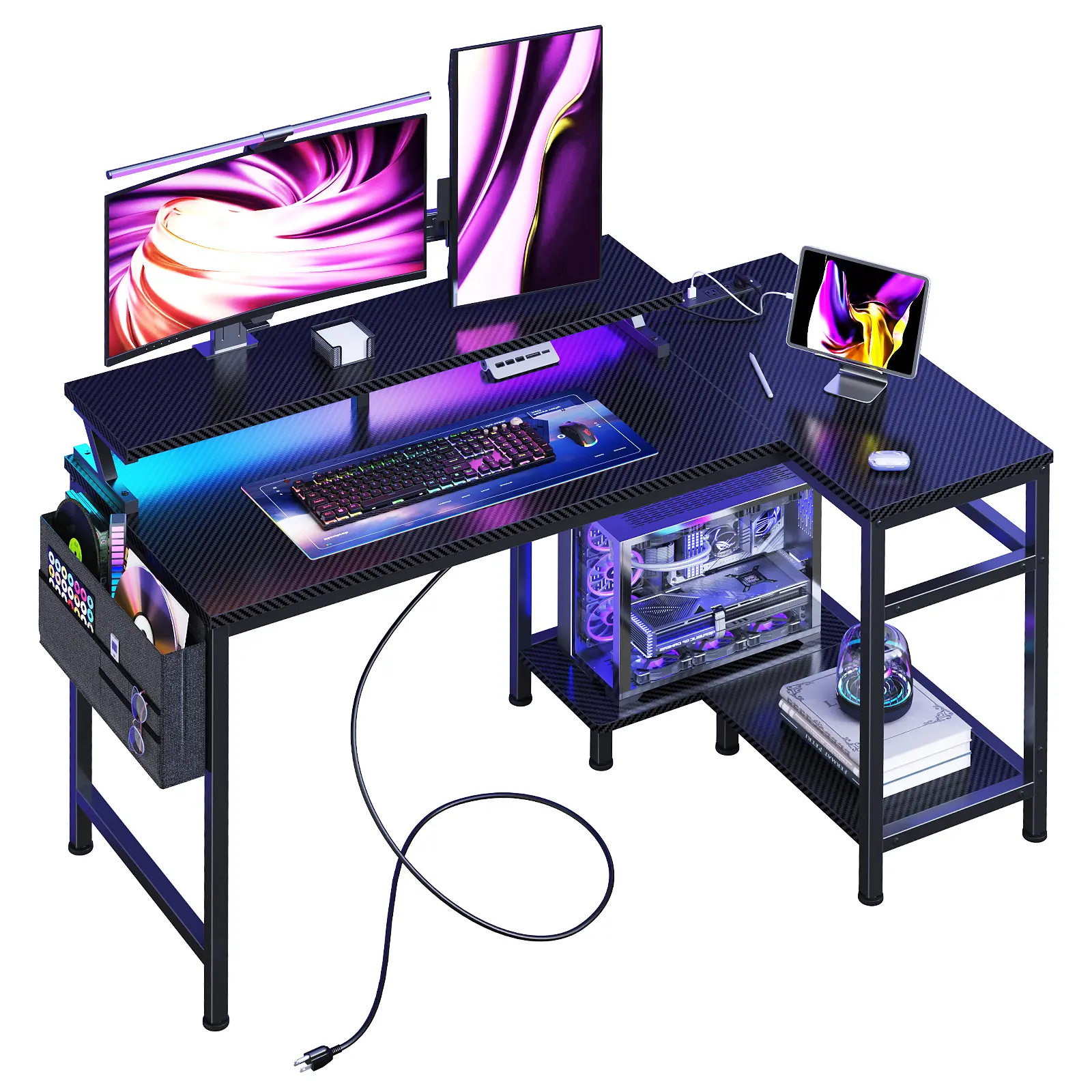 Modern L-Shaped Gaming Desk - L Shaped Workstation, Modern Corner Desk, Steel Frame, USB Charging Ports, Power Outlets, Type-C Port, LED Lights, Storage Shelves, Monitor Stand, Multiple Colors for Gaming Room, Office