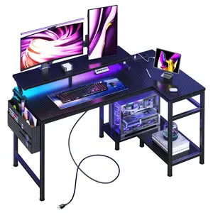 Gaming Desk, Computer Desk with USB Charging Ports, Power Outlets, Type-C and LED Lights, Reversible L Shaped Desk with Storage Shelves & Monitor Stand for Office, Gaming Room