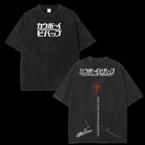 Vintage Washed Cowboy Bebop Japanese Text Oversized T‑Shirt From fashion wear, Retro Anime Streetwear Tee, Loose Casual Short Sleeve Top, Stylish Daily Outfit For Classic Anime Fans