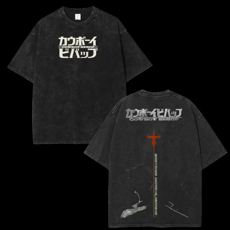 Vintage Washed Cowboy Bebop Japanese Text Oversized T‑Shirt From fashion wear, Retro Anime Streetwear Tee, Loose Casual Short Sleeve Top, Stylish Daily Outfit For Classic Anime Fans